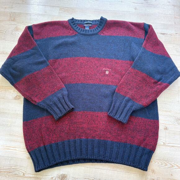 Vintage‎ GANT Cotton Striped Crewneck Sweater | Burgundy/Navy Size Large - Picture 1 of 7